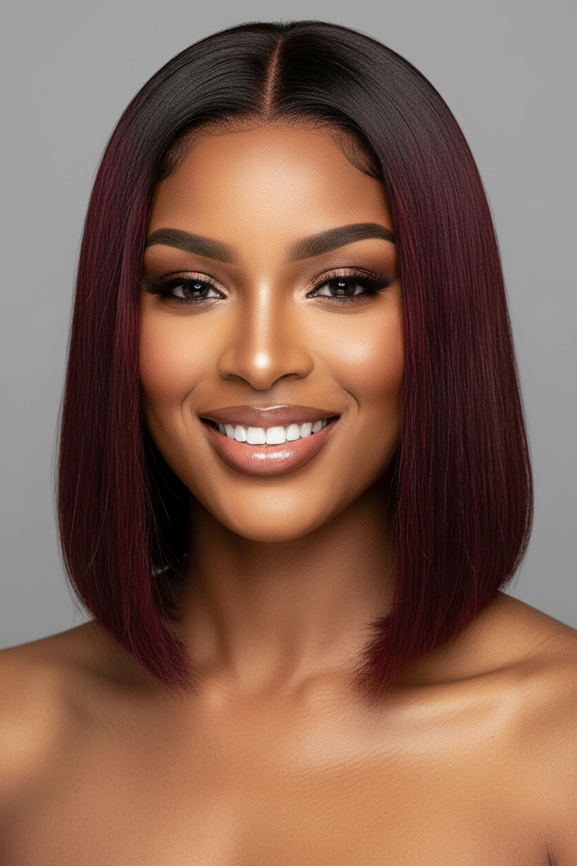 Floélys Rubis – Femme souriante bob bordeaux